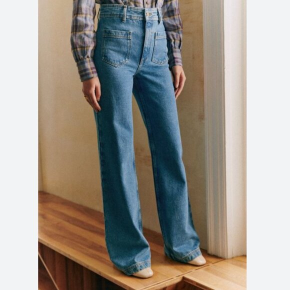 🇫🇷 SÉZANE ✨ 70’s Trousers in Blue | FR 40 US 8 | High-Rise Wide-Leg - Picture 1 of 14